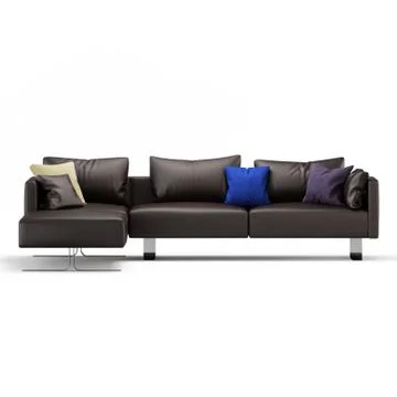 Brown corner leather sofa with pillows on a white background front view 3d Ilustração Stock