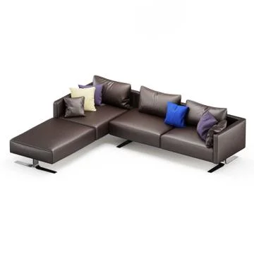 Brown corner leather sofa with pillows on a white background 3d rendering Stock Illustration