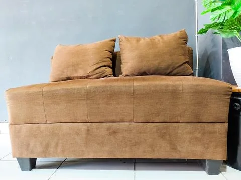 A brown couch with two pillows on it sits in front of a potted plant Stock Photos