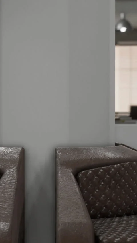 Brown couches placed against a gray wall in a modern space Stock Footage 336581395