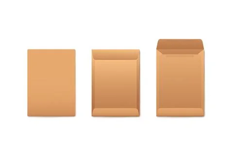 Brown craft paper envelope set, realistic mockup of blank letter holder for mail イラスト素材