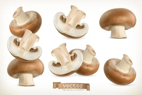 Brown cremini mushroom, 3d vector icon set isolated on white Stock Illustration