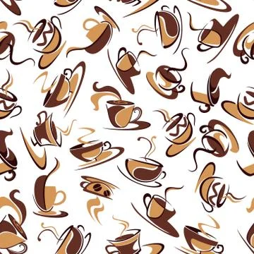 Brown cups of coffee with beans seamless pattern Illustrazione stock