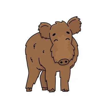 Brown cute fluffy Vector outline cartoon boar male wild pig. Doodle isolated  Stock Illustration