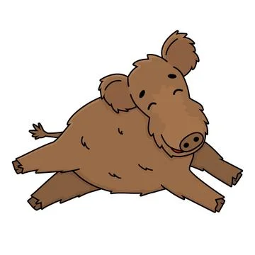 Brown cute fluffy Vector outline cartoon boar male wild pig. Doodle isolated  Stock Illustration