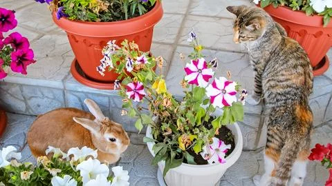 A brown decorative Easter bunny hides sitting among pots of petunias. A playful Stock Photos