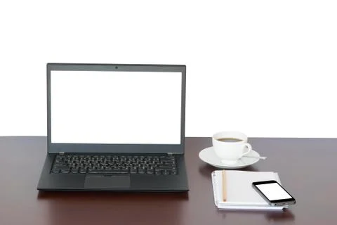Brown desk with Laptop, notebook computer, mobile isolate on white background Stock Photos