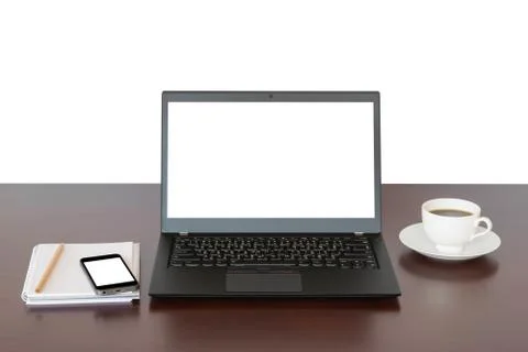 Brown desk with Laptop, notebook computer, mobile isolate on white background Stock Photos
