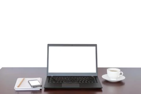 Brown desk with Laptop, notebook computer, mobile isolate on white background Stock Photos