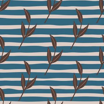 Brown diagonal leaf branches print seamless pattern in doodle style. Blue and Illustrazione stock