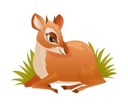Brown Dik-dik as African Small Antelope with Horns Sitting in Green Grass Vector Stock Illustration