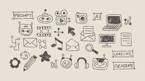 Brown doodle robot icon elements. Ai interface illustration Stock Illustration