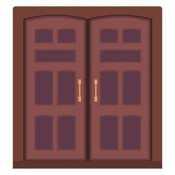 Brown double doors with door knobs isolated on white background. Clipart. Stock Illustration