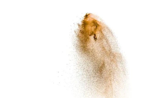 Brown dry river sand explosion isolated on white background. Stock Photos