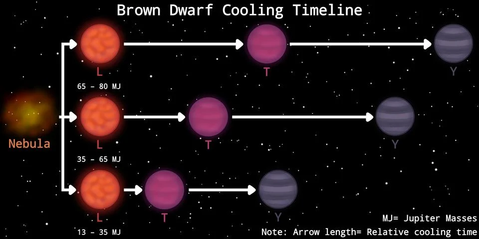 Brown Dwarf Cooling Timeline (Based on Mass) Stock Illustration
