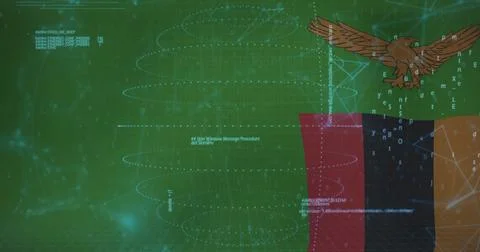 Brown eagle emblem floating above colored bars in data console, with grid, copy Stock Illustration
