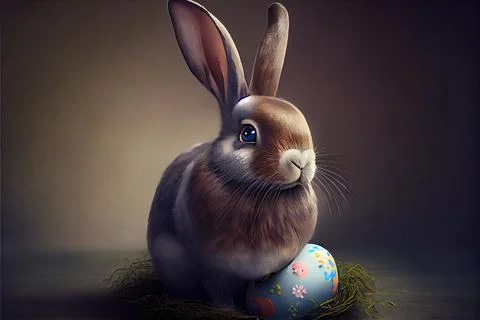 Brown Easter Bunny and Colorful Easter Egg Stock Illustration