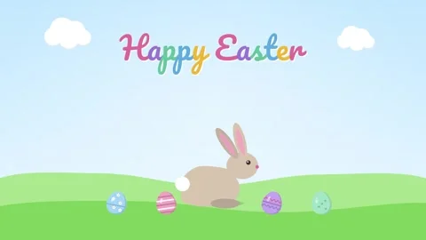 Brown Easter bunny hopping into a green meadow with eggs and Happy Easter text Stock-Footage 348618664