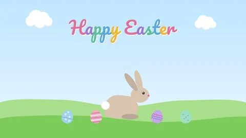 Brown Easter bunny hopping into a green meadow with eggs and Happy Easter t.. Stock Illustration