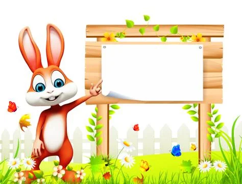 Brown Easter bunny pointing towards wooden sign Illustrazione stock