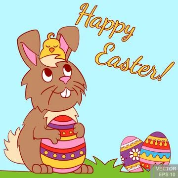 Brown Easter doodle Bunny with chicken on head holding ornate easter egg and  Stock Illustration