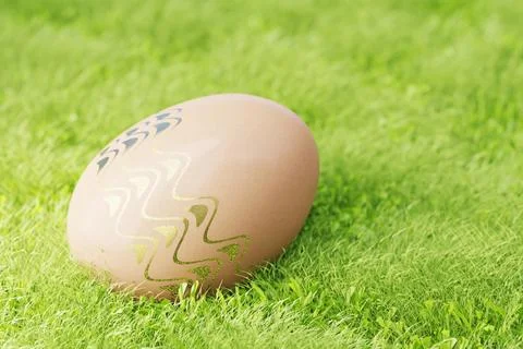 Brown Easter egg decorated with gilded patterns in green grass. 3d render. Ilustración de archivo