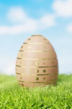 Brown Easter egg with gold pattern. Easter egg lies in the grass. 3d render. Stock Illustration