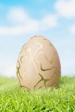 Brown Easter egg with gold patterns on a meadow in the grass. 3d render. Ilustración de archivo