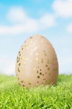 Brown Easter egg with a pattern in gold circles in a meadow in the grass. 3.. Stock Illustration