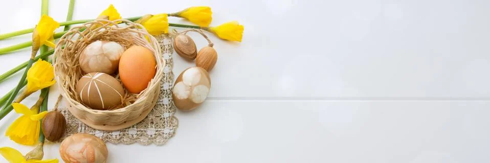 Brown easter eggs and yellow daffodils. Stock Photos