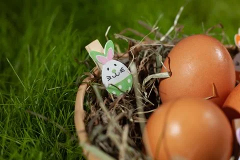 Brown Easter eggs in a basket with hay decorated with figures in the shape Stock Photos