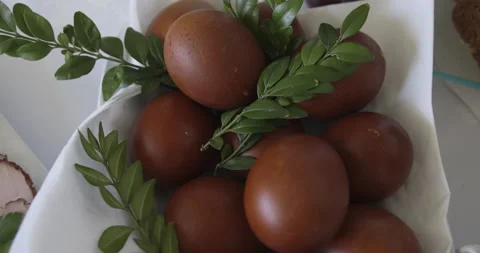 Brown easter eggs on a plate, close up, 4K Stock Footage 189817015