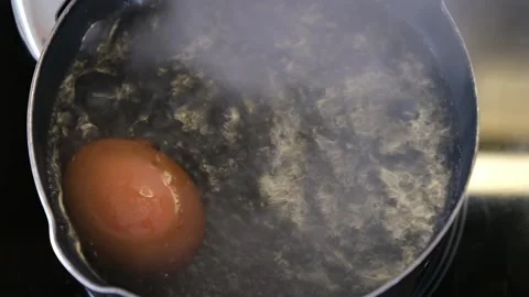 Brown Egg Boiling in Pot of Hot Water with Bubbles and Steam Video stock 330407393