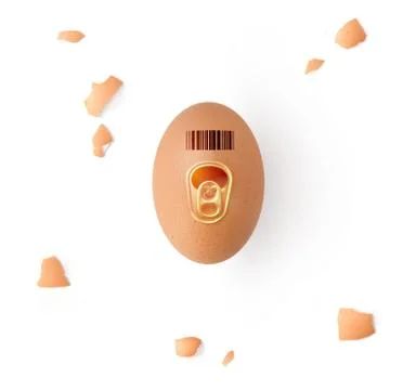 Brown egg top view with can opener and bar code on white background Foto stock
