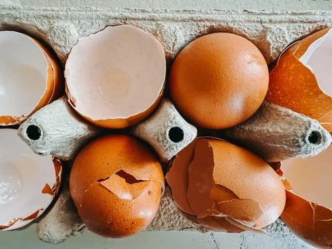 Brown Eggs and Cracked Eggshells in Carton Top View Stock Photos