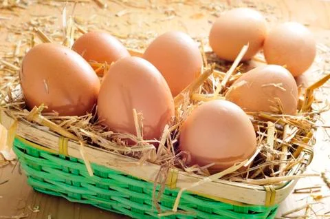 Brown eggs in a basket Stock Photos