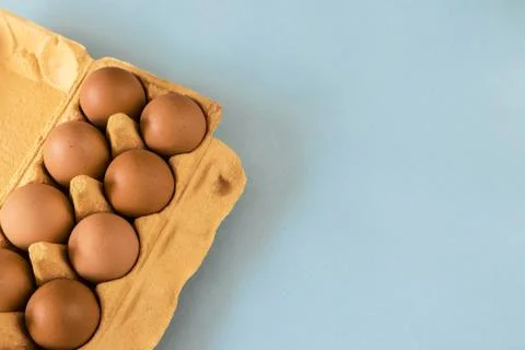 Brown eggs in box on blue background Stock Photos