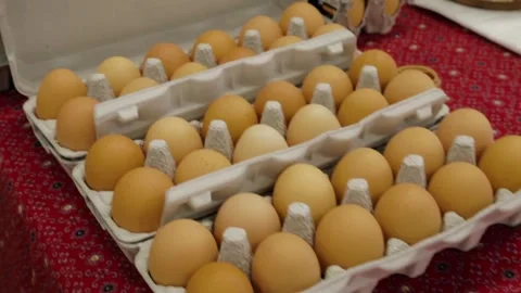Brown Eggs in Cartons on Display at Sydney Market Stall, Australia, February Stock Footage 345707500
