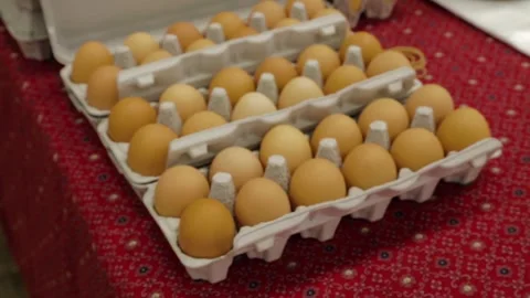 Brown Eggs in Cartons on Display at Sydney Market Stall, Australia Editorial Stock Footage 345707879