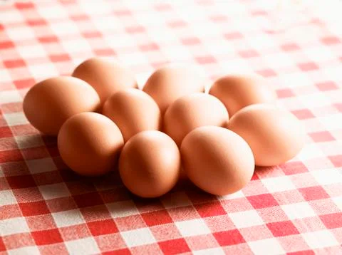 Brown eggs on checked cloth Stock Photos