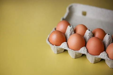 Brown eggs in eco packaging made from recycled materials Stock Photos