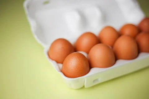 Brown eggs in expanded polystyrene packaging Stock Photos