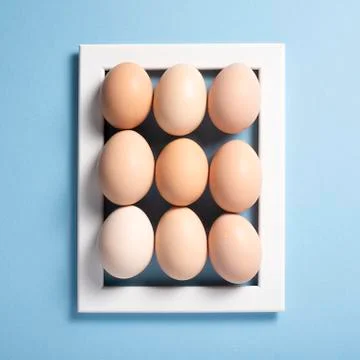 Brown eggs inside of the frame on a blue background Stock Photos