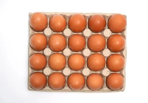 Brown eggs lie in a box. Stock Photos