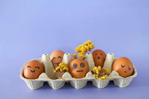 Brown eggs with smileys in egg tray on purple background. Easter concept. Stock Photos