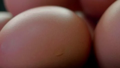 Brown eggs stacked in dark container, one egg in foreground Stock Footage 328480958