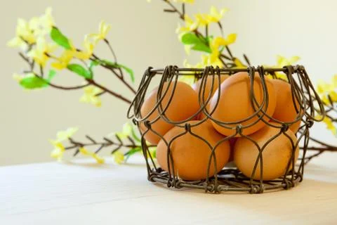 Brown eggs in a wire basket Stock Photos