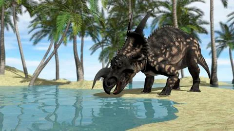 Brown Einiosaurus drinking from shallow waters. Stock Illustration