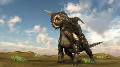 Brown Einiosaurus walking across a barren landscape. Stock Illustration