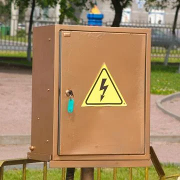 Brown electrical cabinet with Caution, high voltage sign Foto stock